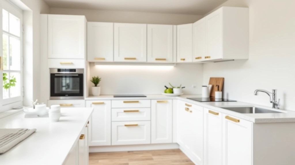 Peinture d'armoires de cuisine blanc brillant avec accessoires dorés