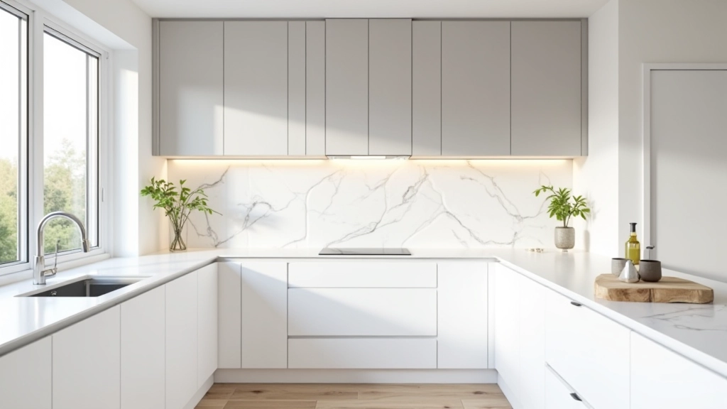 Cuisine moderne rénovée avec crédence géométrique et plan de travail blanc brillant
