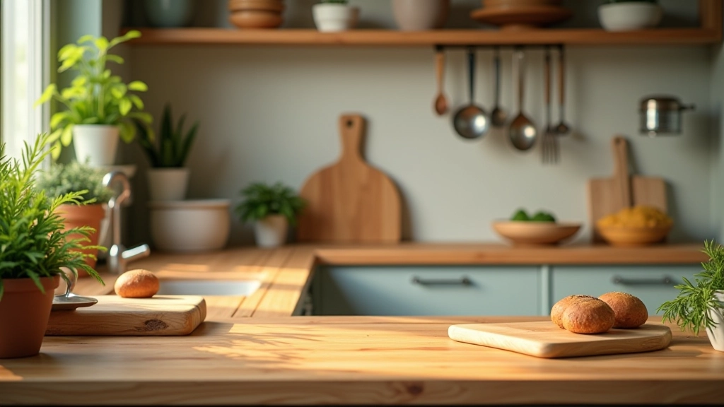 Plan de travail en bois avec ustensiles de cuisine et plantes vertes